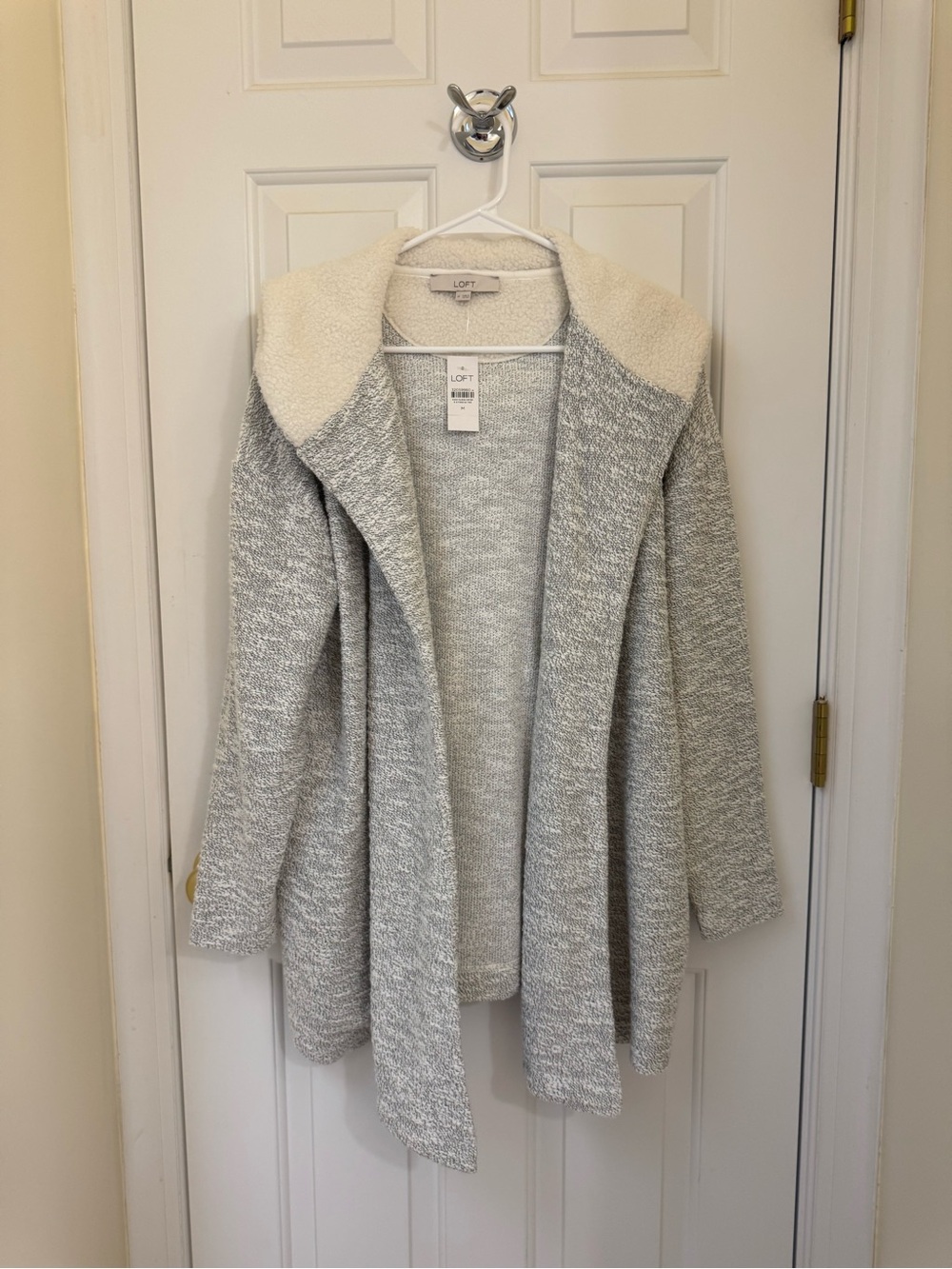 LOFT Light Gray Open Cardigan with Sherpa Collar